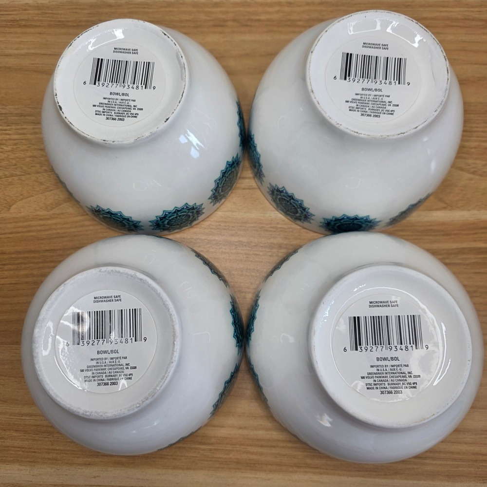Royal Norfolk Set of 4 Snowflake Medallion Teal Blue Ceramic Soup Cereal Bowls - Picture 7 of 11